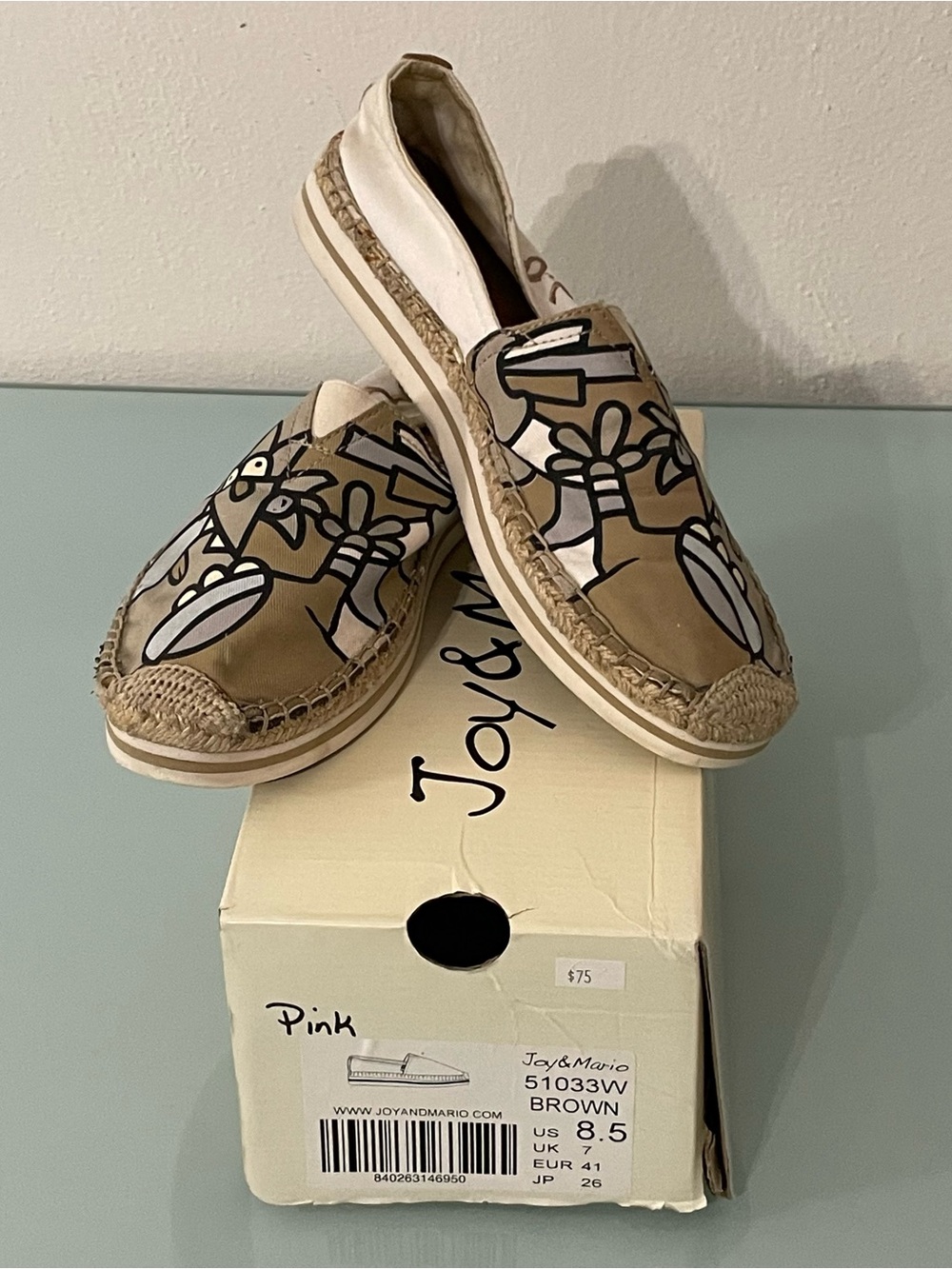 Joy & Mario canvas print, woven espadrilles. Sz 8.5